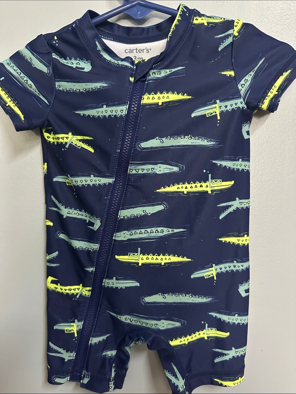 Carter's Navy Short-Sleeve Zip Kids Swim Romper with Crocodile Print